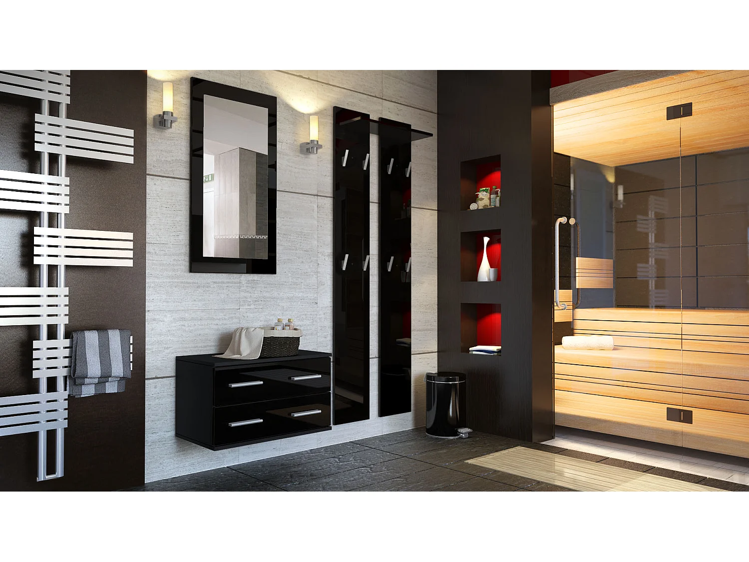 Ensemble de meubles d'entrée Kioto, Corps en Noir mat / Façades en Noir haute brillance