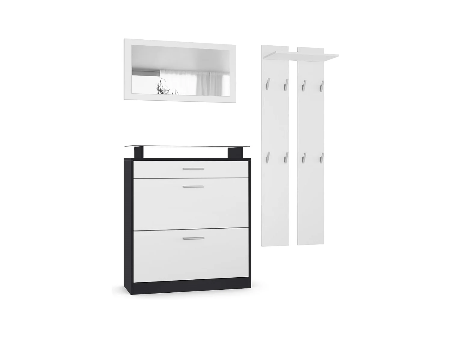 Penderie Loret Mini, Meuble d’entrée comprenant 1 commode à chaussures, 1 miroir mural et 2 panneaux porte-manteaux, Noir mat/Blanc mat