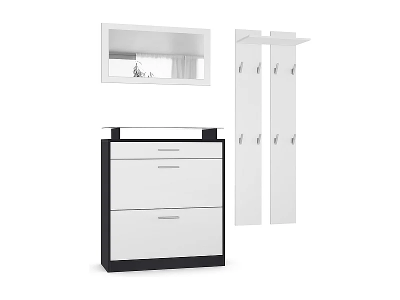 Penderie Loret Mini, Meuble d’entrée comprenant 1 commode à chaussures, 1 miroir mural et 2 panneaux porte-manteaux, Noir mat/Blanc mat