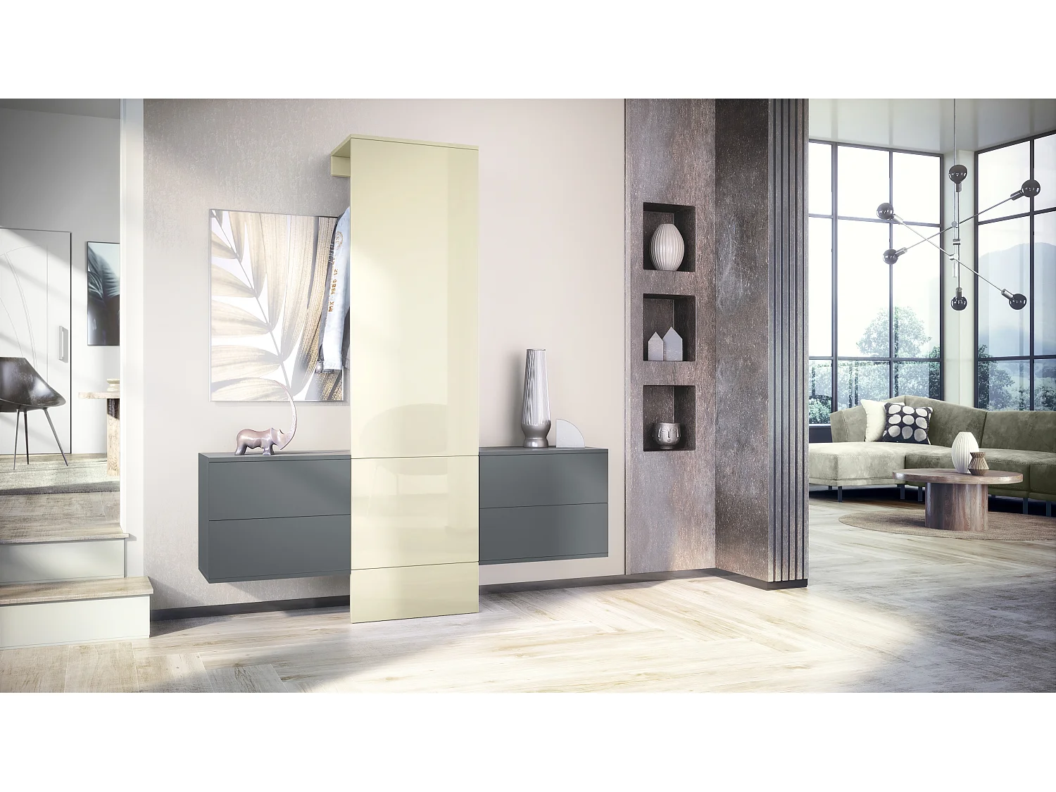 Vestiaire Garderobe Carlton Set 3, Corps en anthracite mat / Panneau portemanteau en crème haute brillance (157 x 193 x 35 cm)