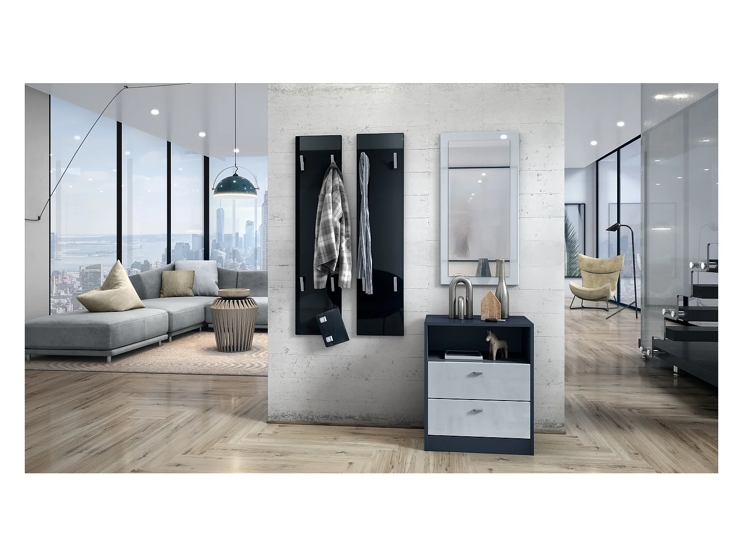 Vladon Perchero de pared 120, Perchero compuesto por 2 Paneles, Negro de alto brillo (cada uno: 28 x 120 x 2 cm)