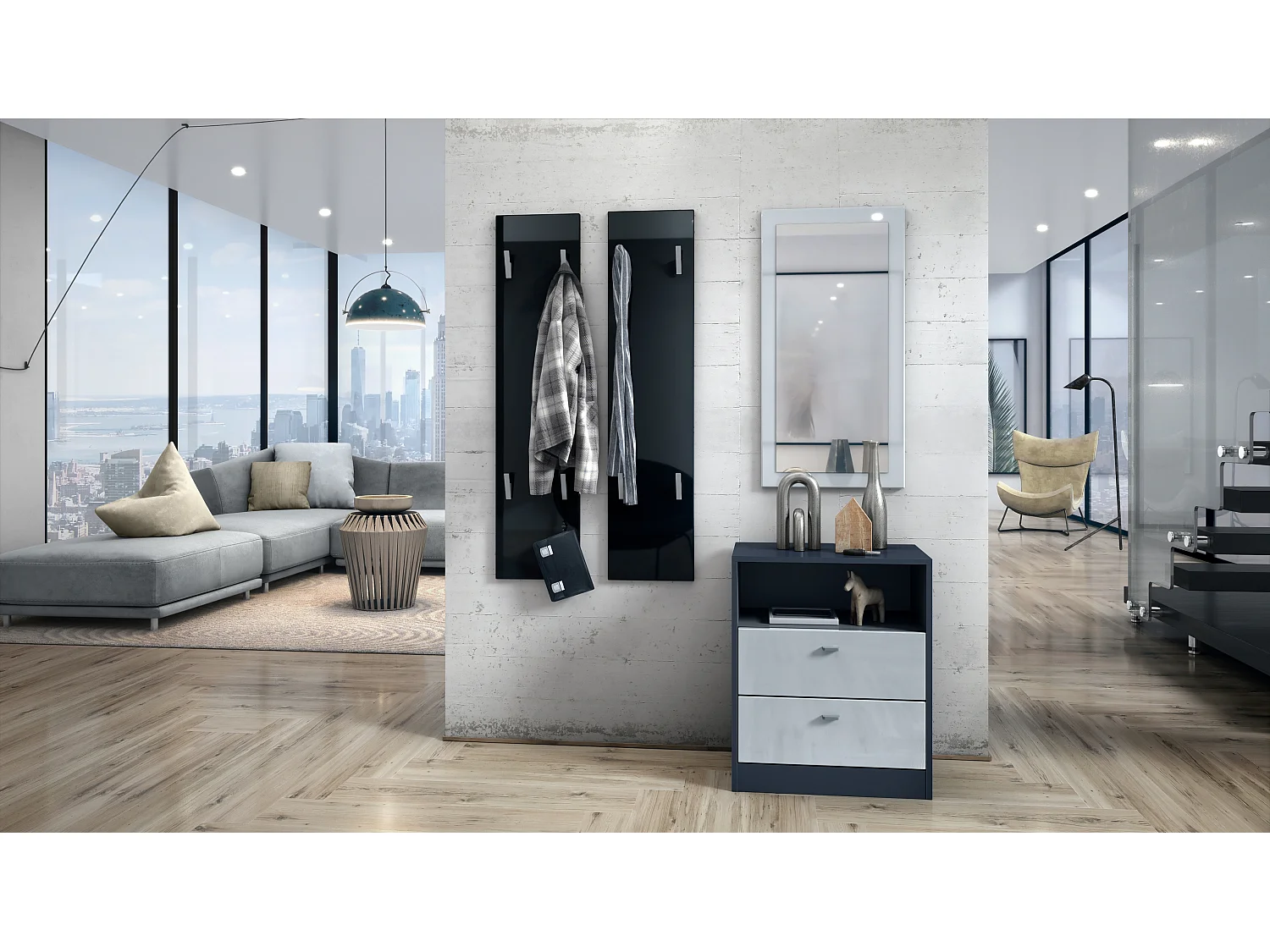 Panneau mural 120, Panneau de porte-manteau comprenant 2 panneaux, Noir haute brillance (28 x 120 x 2 cm chacun)