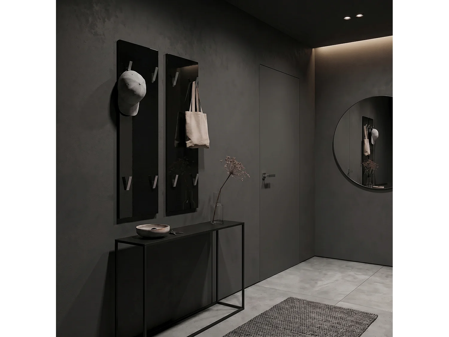 Panneau mural 120, Panneau de porte-manteau comprenant 2 panneaux, Noir haute brillance (28 x 120 x 2 cm chacun)