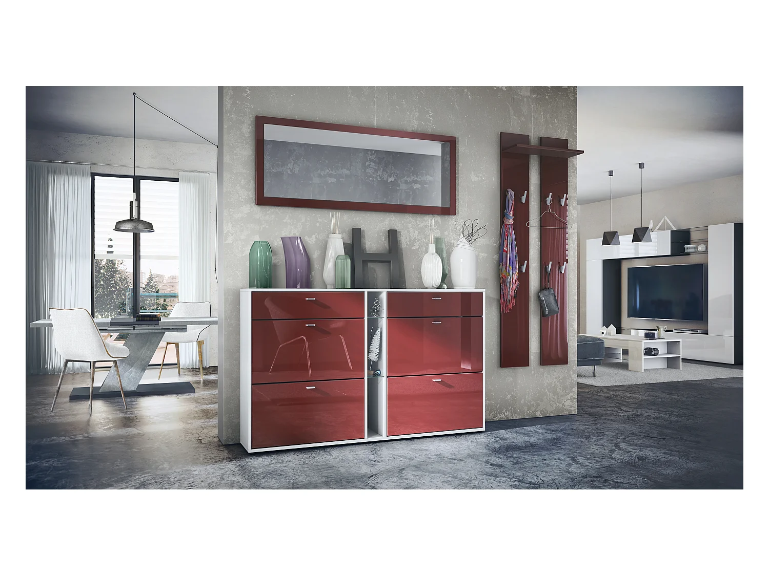 Conjunto de armario Orlando con zapatero, panel de pared y espejo de pared, blanco mate/burdeos de alto brillo