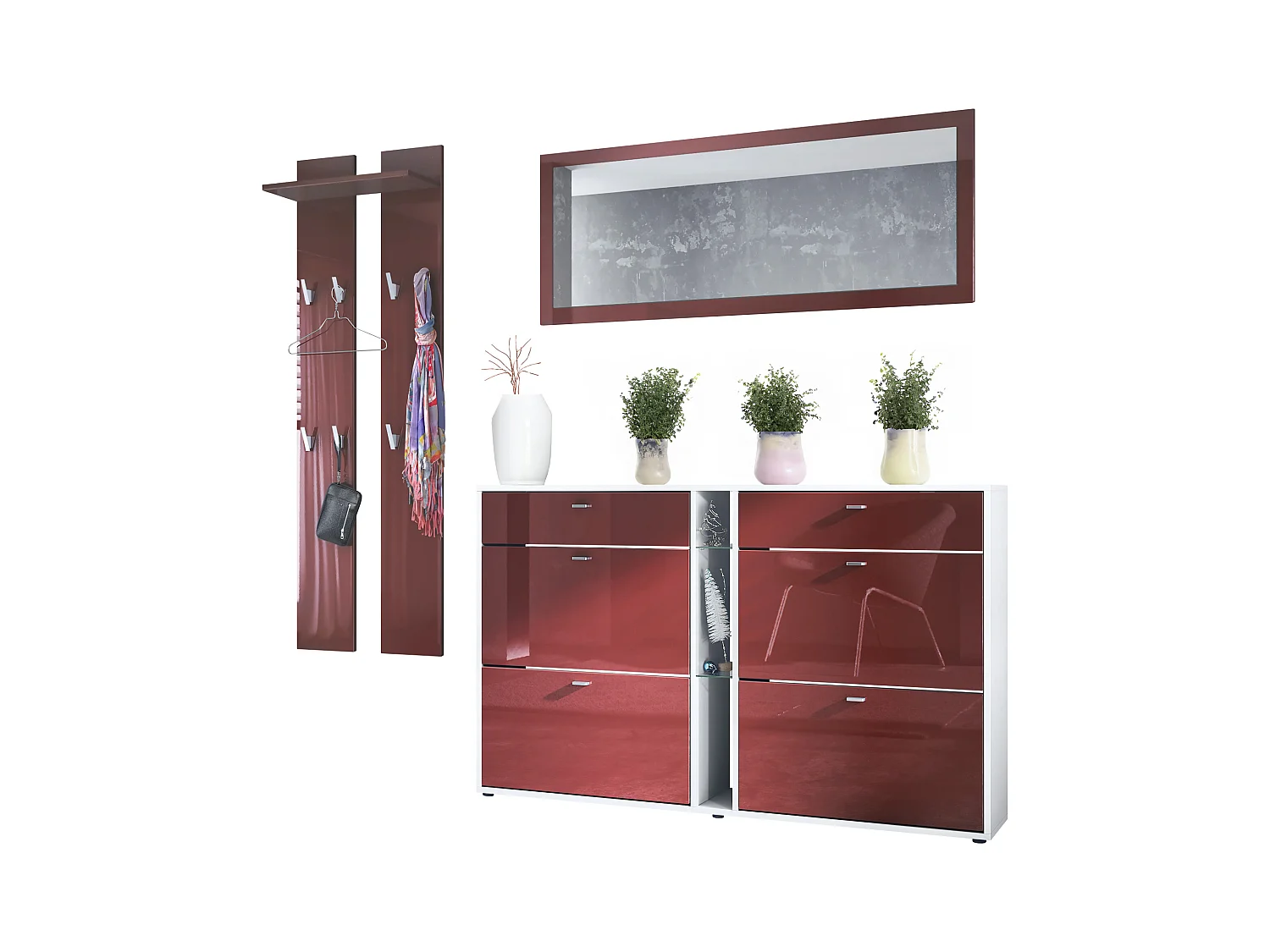 Ensemble vestiaire Orlando avec armoire à chaussures, panneau mural et miroir mural, blanc mat/bordeaux haute brillance