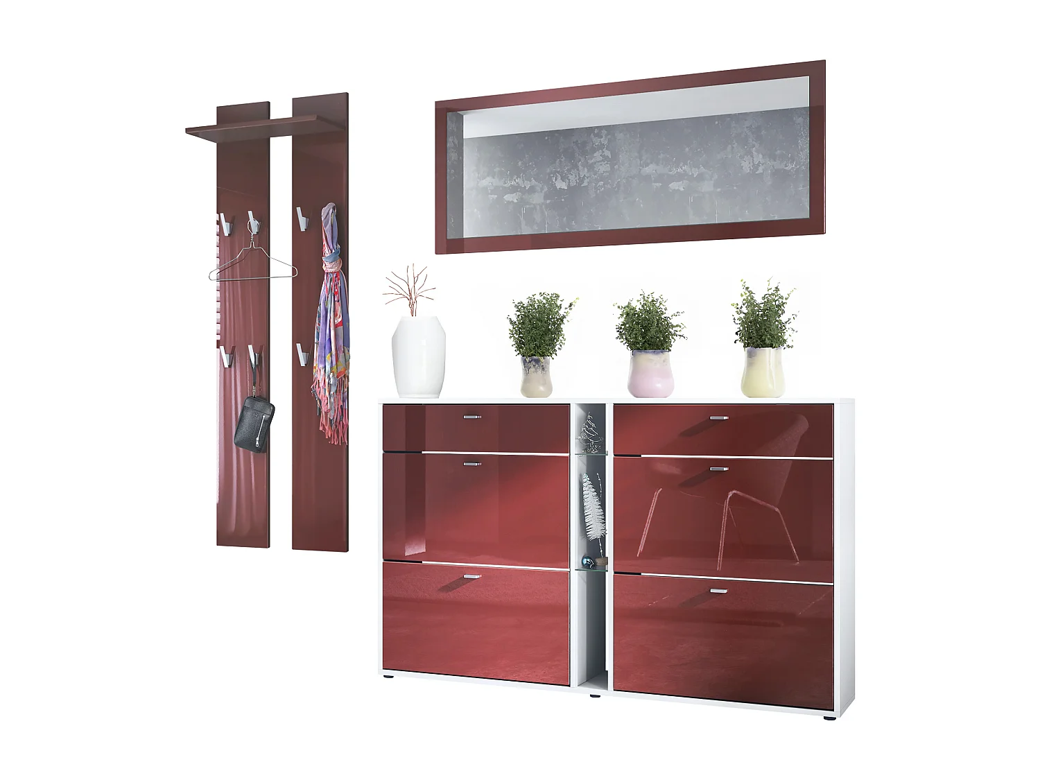 Ensemble vestiaire Orlando avec armoire à chaussures, panneau mural et miroir mural, blanc mat/bordeaux haute brillance