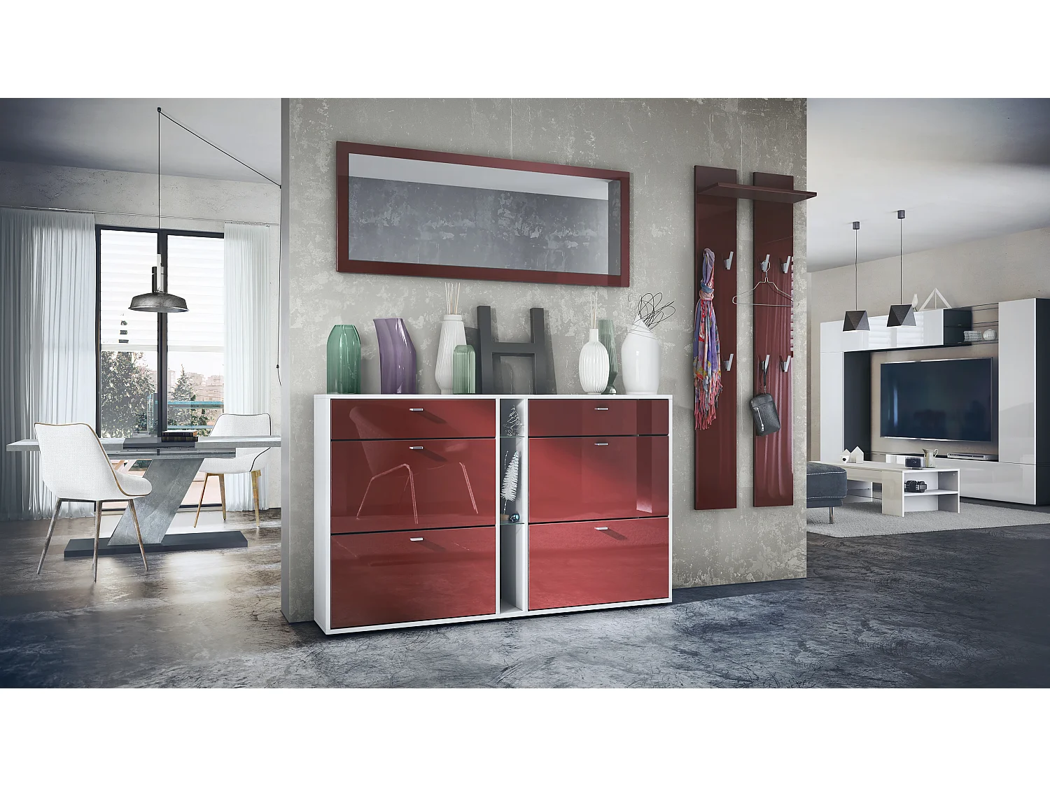 Ensemble vestiaire Orlando avec armoire à chaussures, panneau mural et miroir mural, blanc mat/bordeaux haute brillance