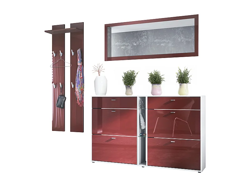 Ensemble vestiaire Orlando avec armoire à chaussures, panneau mural et miroir mural, blanc mat/bordeaux haute brillance