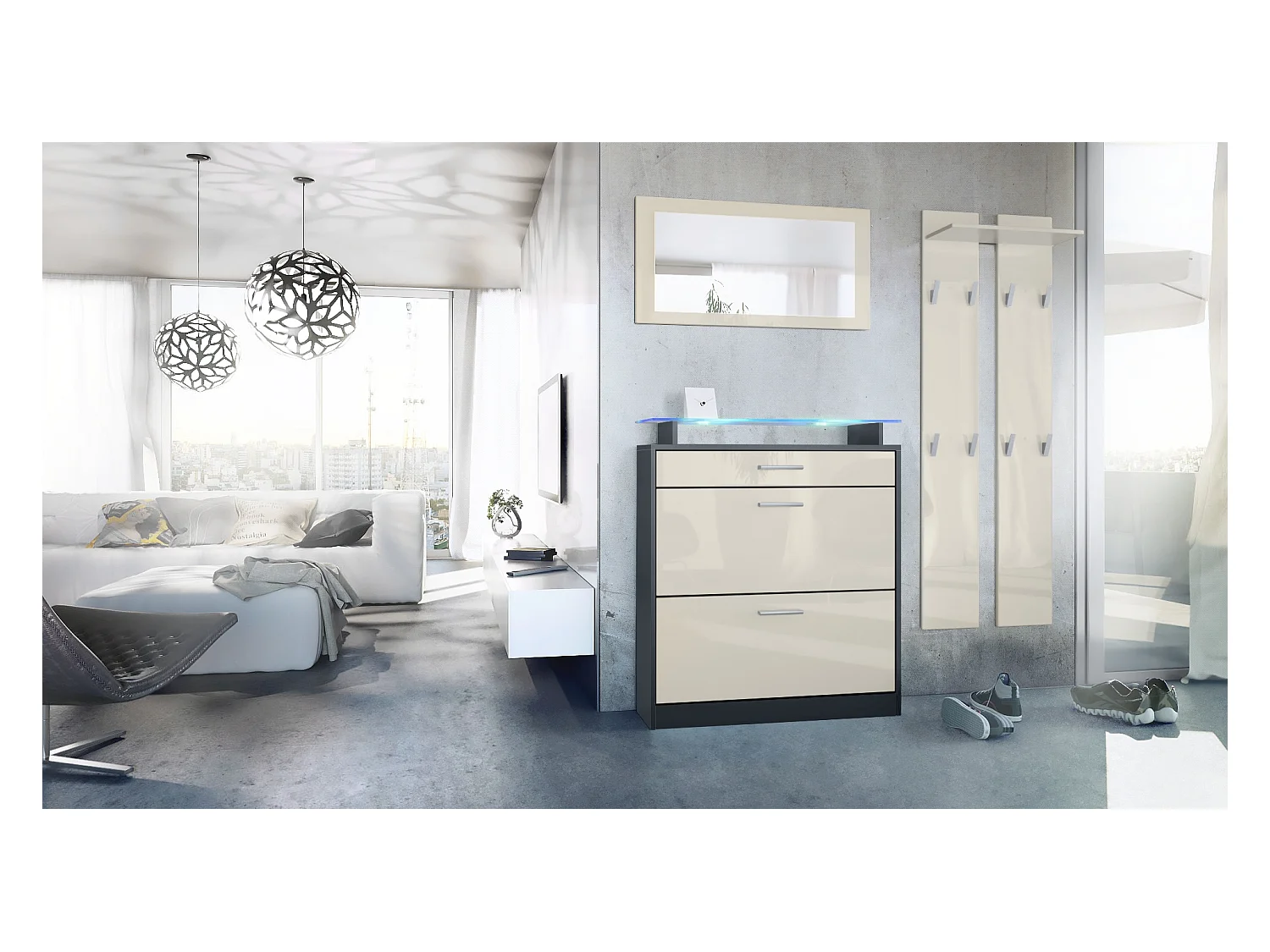 Loret Ensemble penderie, meuble à chaussures 89 x 104 x 23 cm avec miroir, 2 panneaux murales et éclairage LED Bleu, Anthracite mat & Crème haute brillance