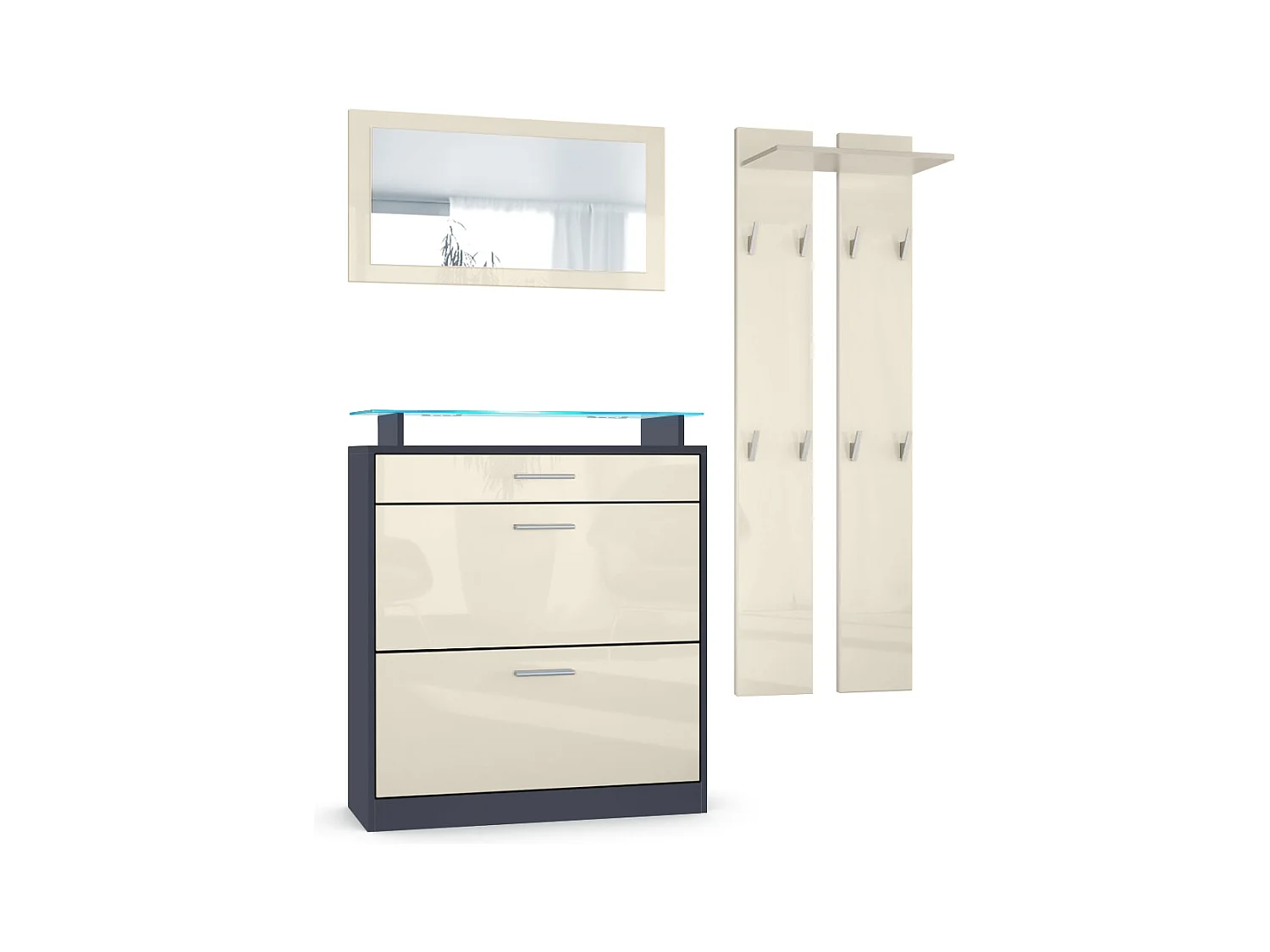 Loret Ensemble penderie, meuble à chaussures 89 x 104 x 23 cm avec miroir, 2 panneaux murales et éclairage LED Bleu, Anthracite mat & Crème haute brillance