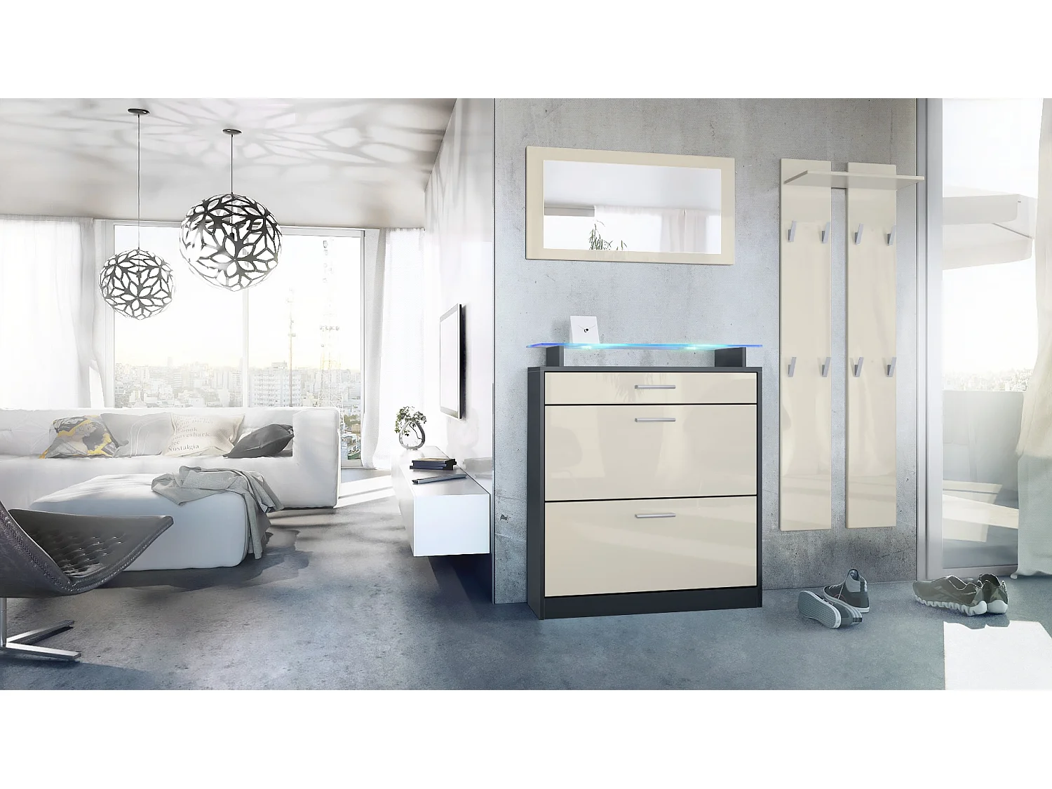 Loret Ensemble penderie, meuble à chaussures 89 x 104 x 23 cm avec miroir, 2 panneaux murales et éclairage LED Bleu, Anthracite mat & Crème haute brillance