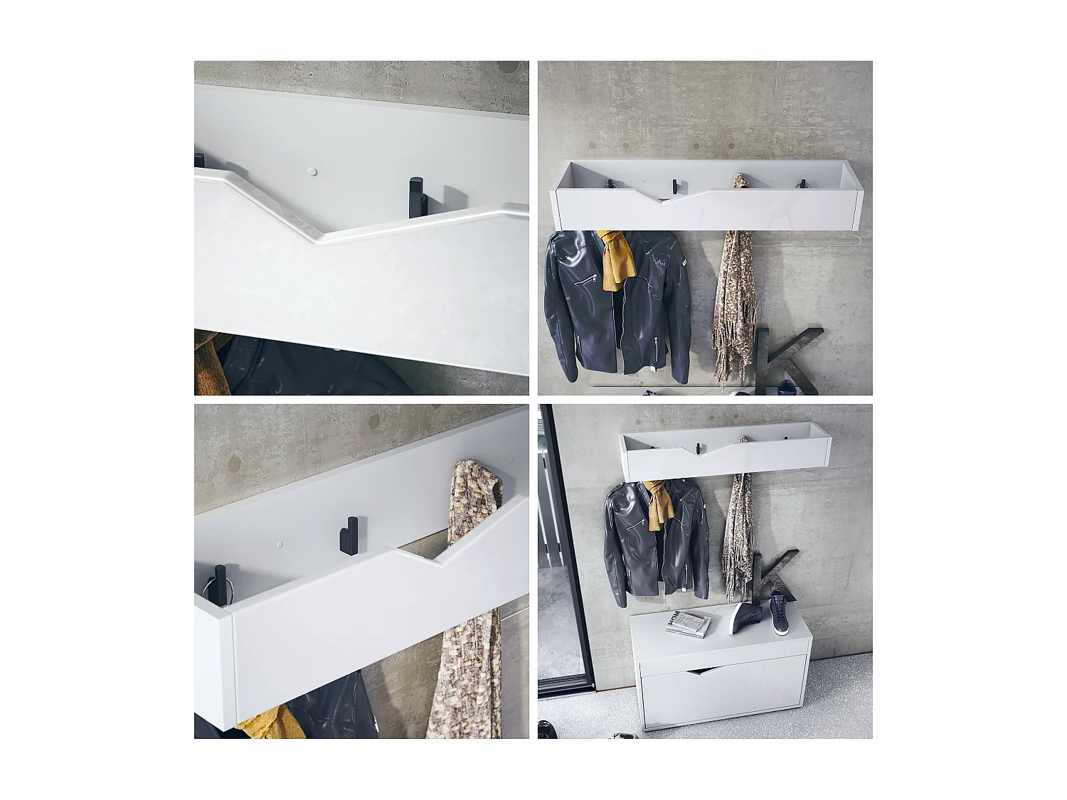 Porte-manteau crochets muraux panneau de penderie Kolmio, corps blanc mat, façade blanc haute brillance 83,5 x 12,5 x 21 cm