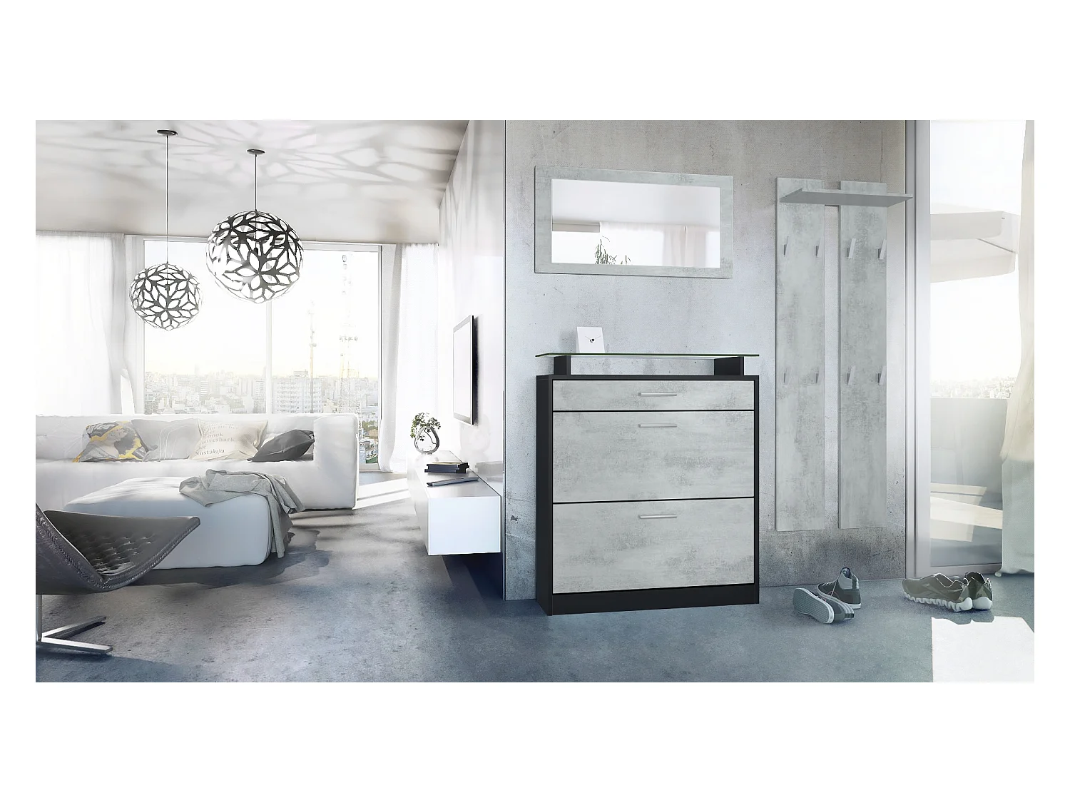 Penderie Loret Mini, Meuble d’entrée comprenant 1 commode à chaussures, 1 miroir mural et 2 panneaux porte-manteaux, Noir mat/Aspect Béton Oxyde