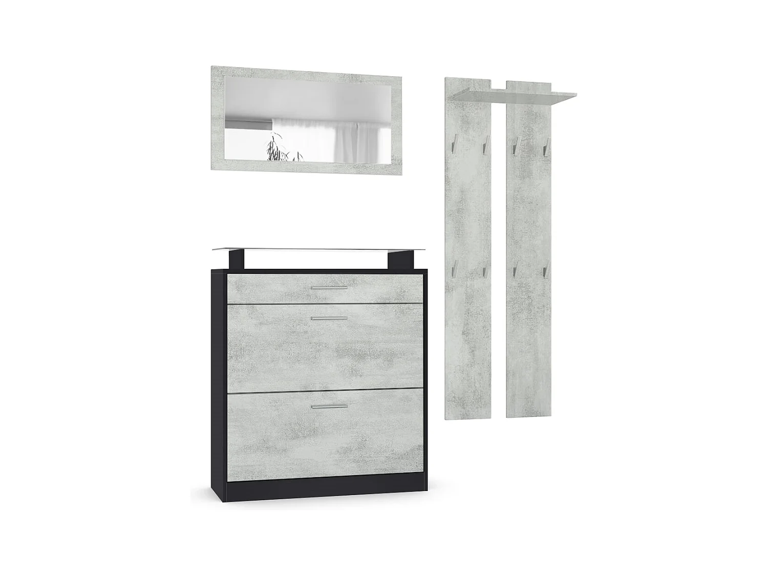 Penderie Loret Mini, Meuble d’entrée comprenant 1 commode à chaussures, 1 miroir mural et 2 panneaux porte-manteaux, Noir mat/Aspect Béton Oxyde