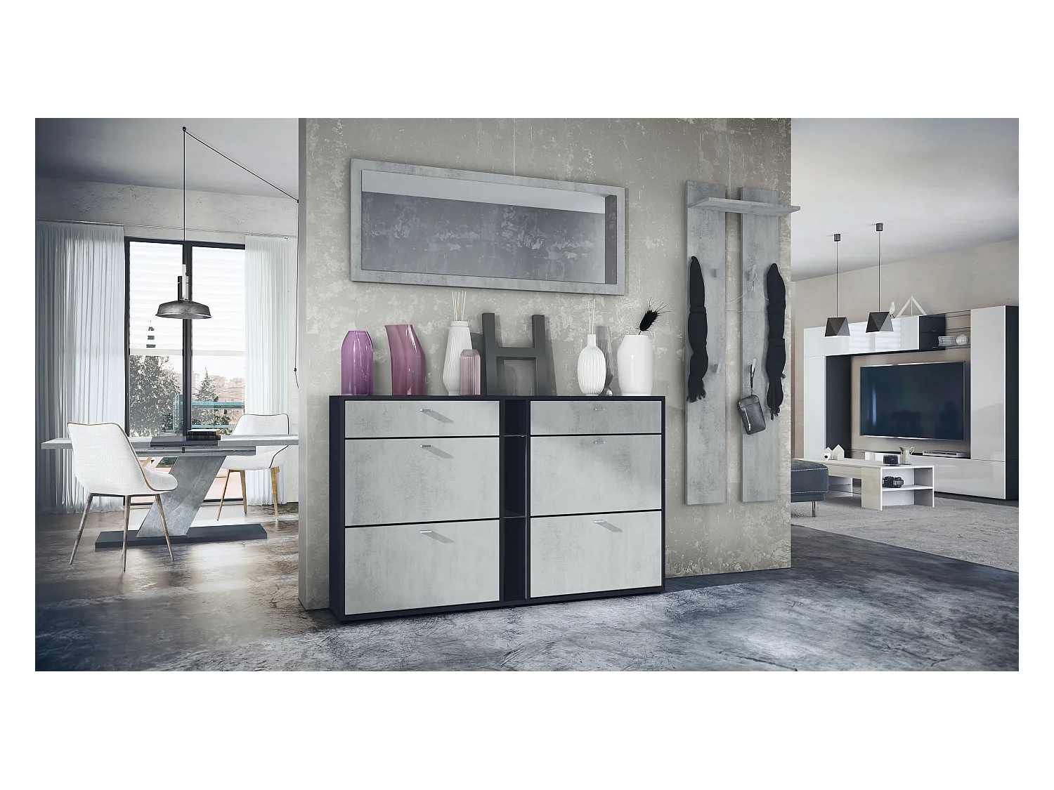 Ensemble vestiaire Orlando avec armoire à chaussures, panneau mural et miroir mural, noir mat/aspect béton oxyde