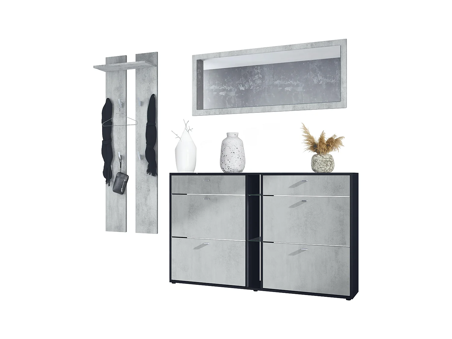 Ensemble vestiaire Orlando avec armoire à chaussures, panneau mural et miroir mural, noir mat/aspect béton oxyde