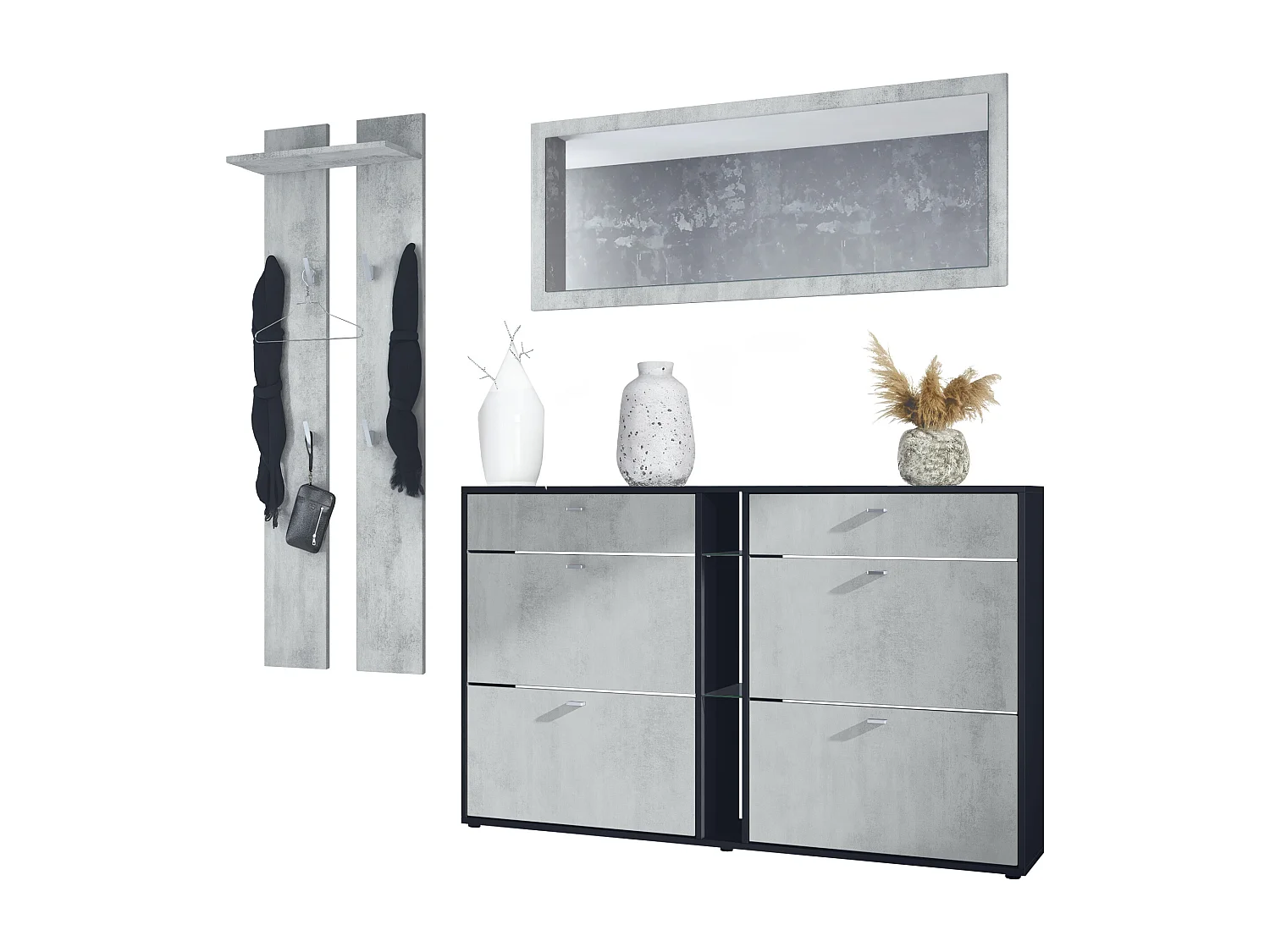 Ensemble vestiaire Orlando avec armoire à chaussures, panneau mural et miroir mural, noir mat/aspect béton oxyde