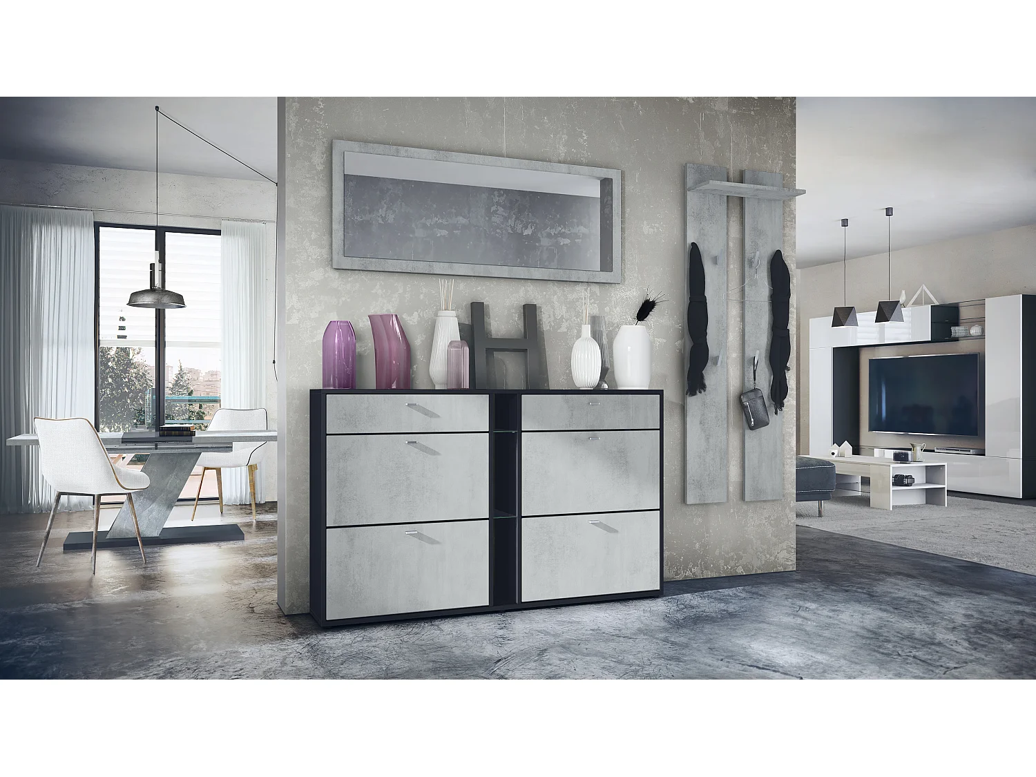 Ensemble vestiaire Orlando avec armoire à chaussures, panneau mural et miroir mural, noir mat/aspect béton oxyde