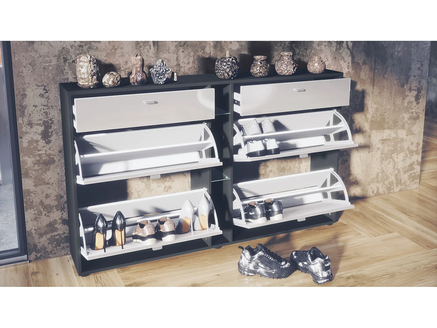 Ensemble vestiaire Orlando avec armoire à chaussures, panneau mural et miroir mural, noir mat/aspect béton oxyde