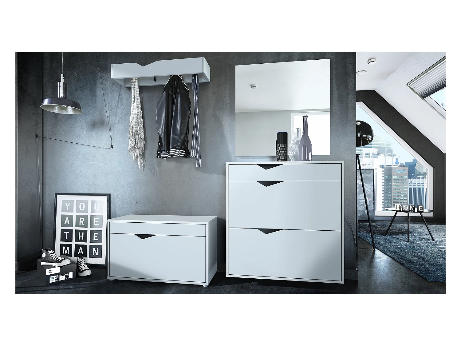 Ensemble Vestiaire Kolmio 190 x 185 x 33 cm portemanteau de couloir, caisson en blanc mat, façades en Blanc mat | Grand choix de couleurs