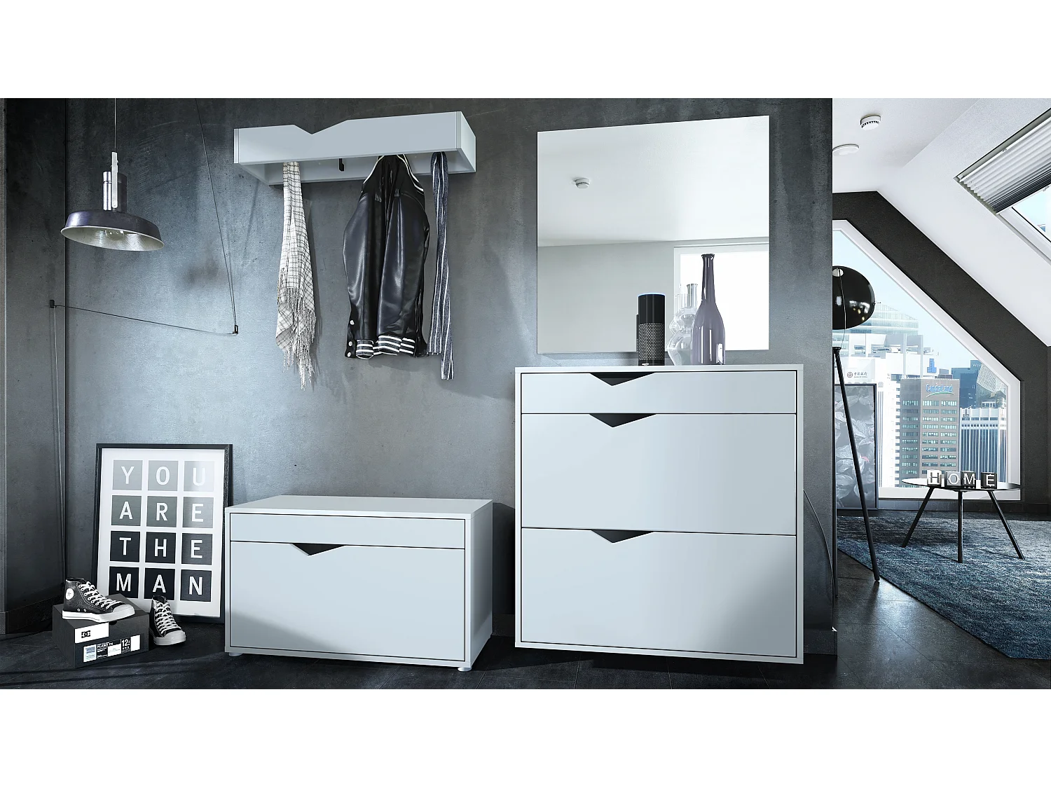 Ensemble Vestiaire Kolmio 190 x 185 x 33 cm portemanteau de couloir, caisson en blanc mat, façades en Blanc mat | Grand choix de couleurs