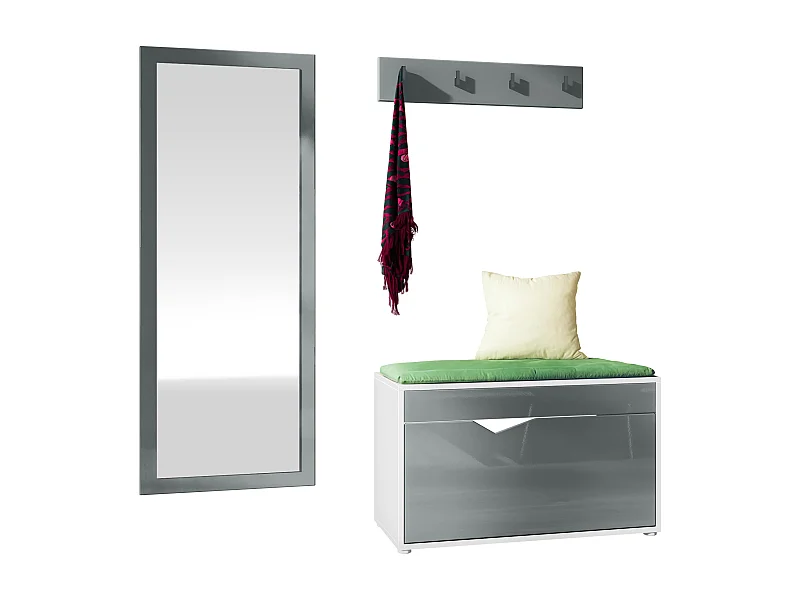 Ensemble Vestiaire Hanko : Comprend 1 Banc à Chaussures, 1 Porte-Manteau et 1 Miroir Murale, blanc mat/gris haute brillance