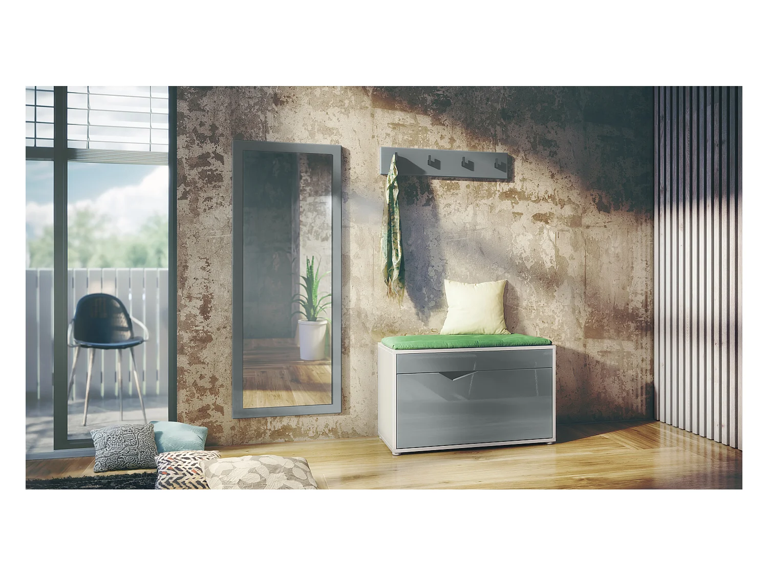 Ensemble Vestiaire Hanko : Comprend 1 Banc à Chaussures, 1 Porte-Manteau et 1 Miroir Murale, blanc mat/gris haute brillance