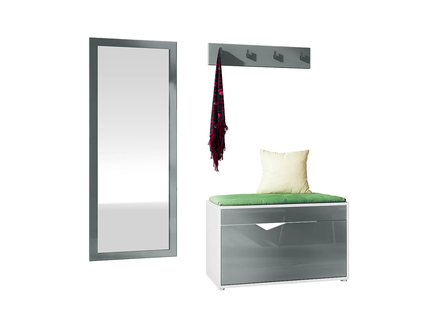 Ensemble Vestiaire Hanko : Comprend 1 Banc à Chaussures, 1 Porte-Manteau et 1 Miroir Murale, blanc mat/gris haute brillance