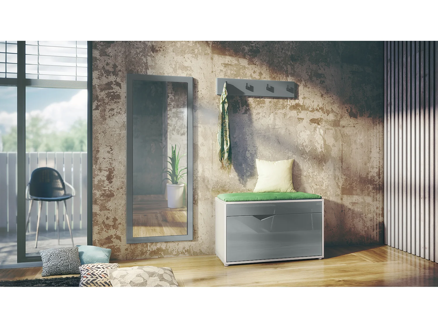 Ensemble Vestiaire Hanko : Comprend 1 Banc à Chaussures, 1 Porte-Manteau et 1 Miroir Murale, blanc mat/gris haute brillance