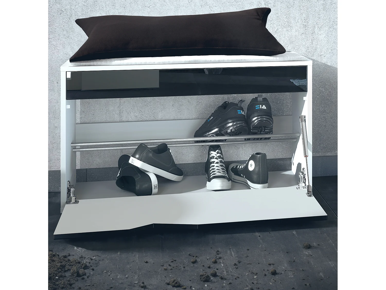 Ensemble Vestiaire Hanko : Comprend 1 Banc à Chaussures, 1 Porte-Manteau et 1 Miroir Murale, blanc mat/gris haute brillance