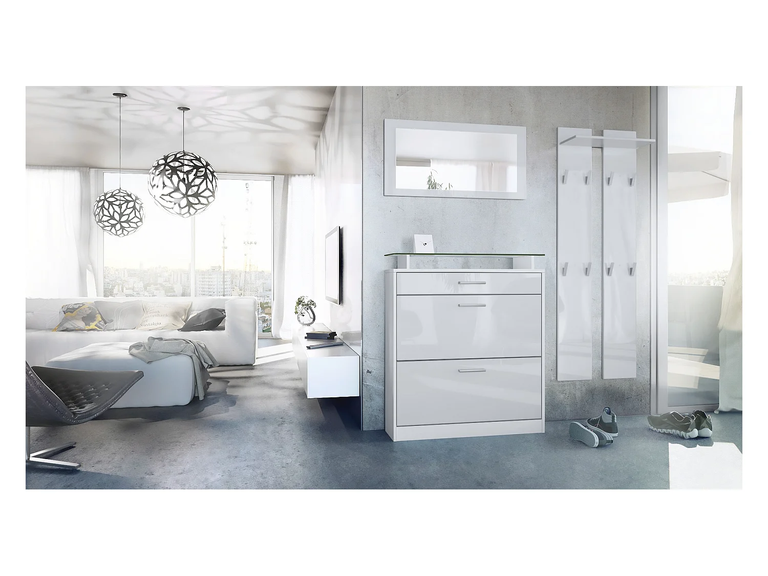 Penderie Loret Mini, Meuble d’entrée comprenant 1 commode à chaussures, 1 miroir mural et 2 panneaux porte-manteaux, Blanc mat/Blanc haute brillance