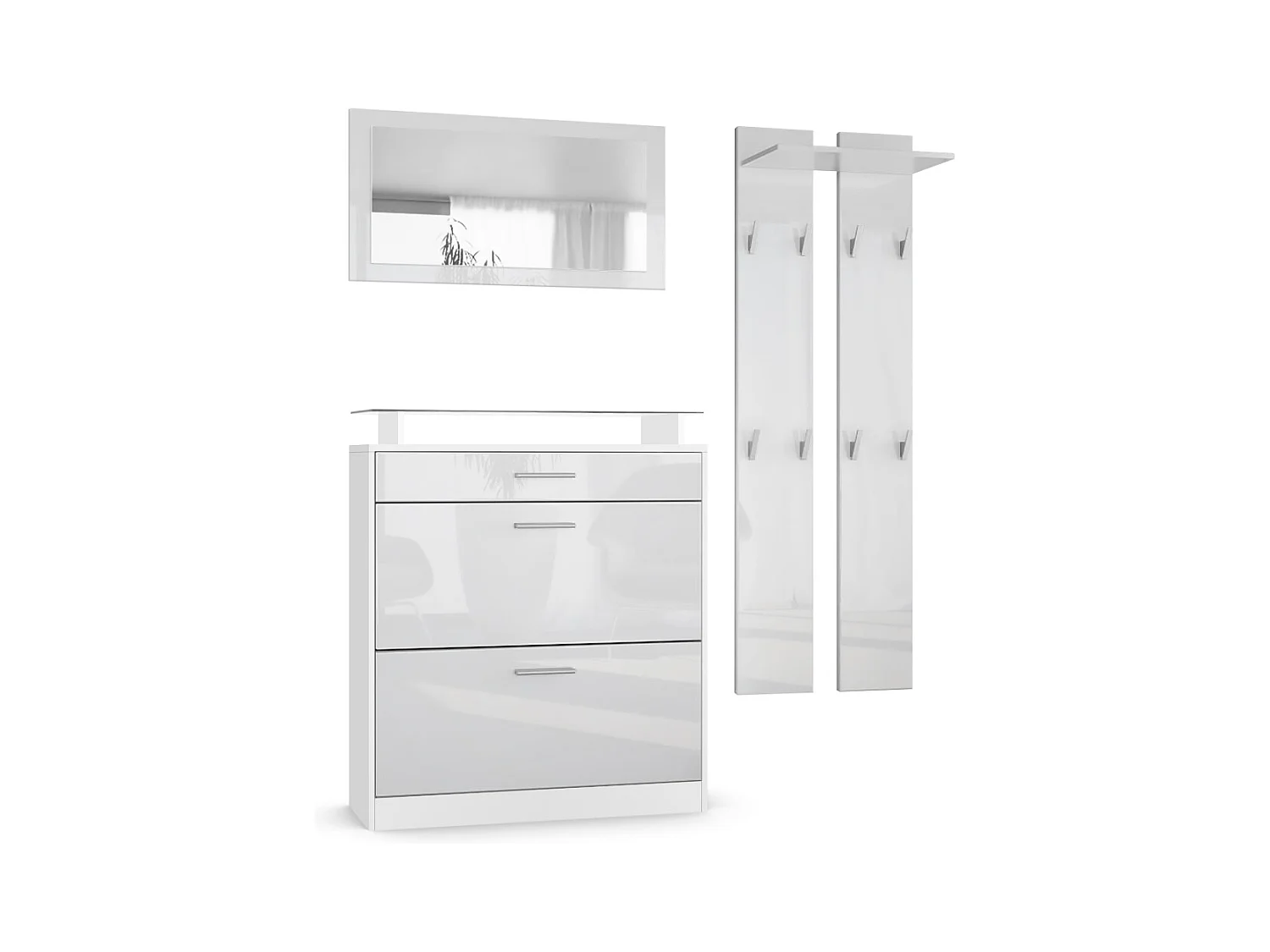 Penderie Loret Mini, Meuble d’entrée comprenant 1 commode à chaussures, 1 miroir mural et 2 panneaux porte-manteaux, Blanc mat/Blanc haute brillance