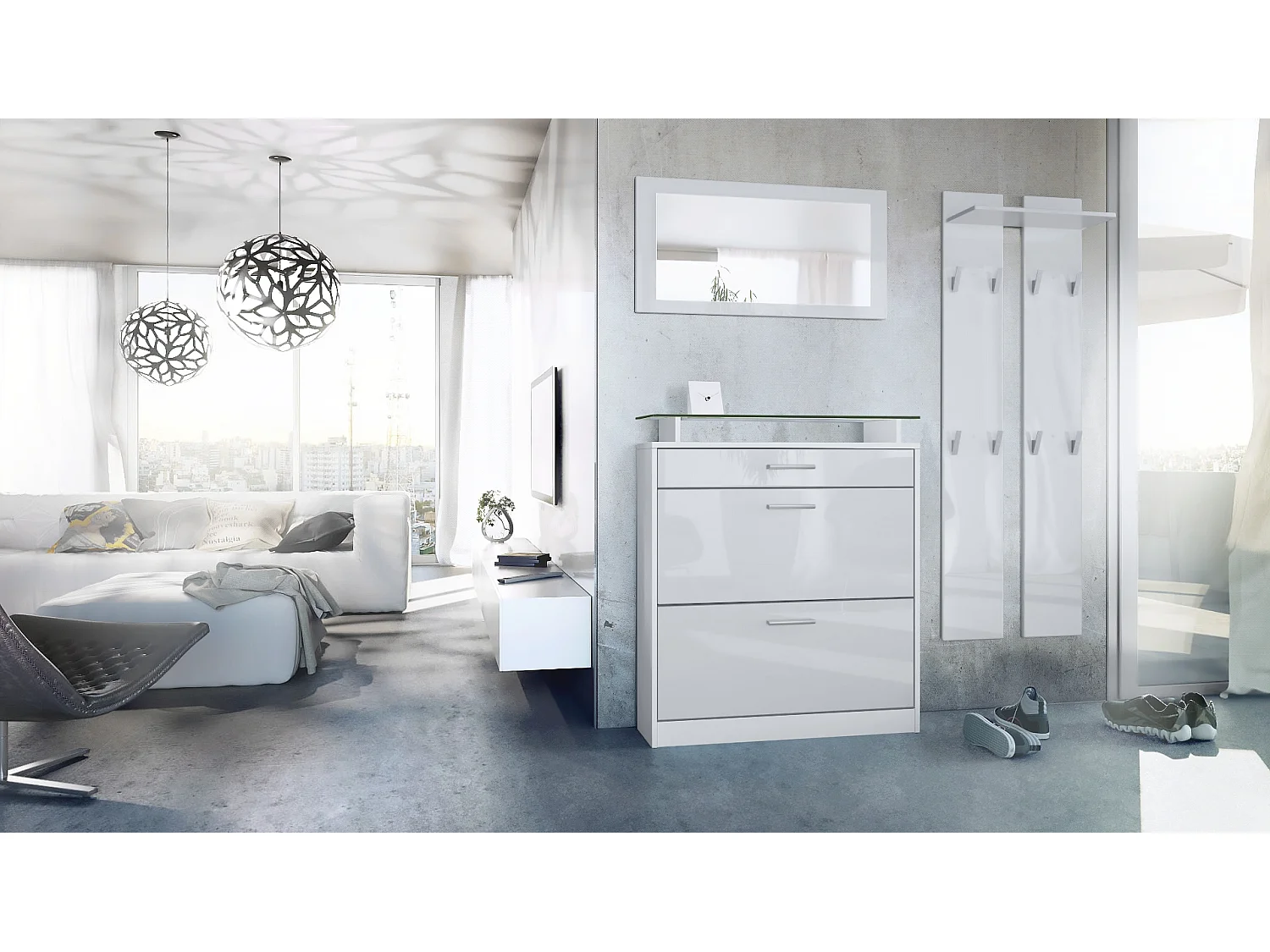 Penderie Loret Mini, Meuble d’entrée comprenant 1 commode à chaussures, 1 miroir mural et 2 panneaux porte-manteaux, Blanc mat/Blanc haute brillance