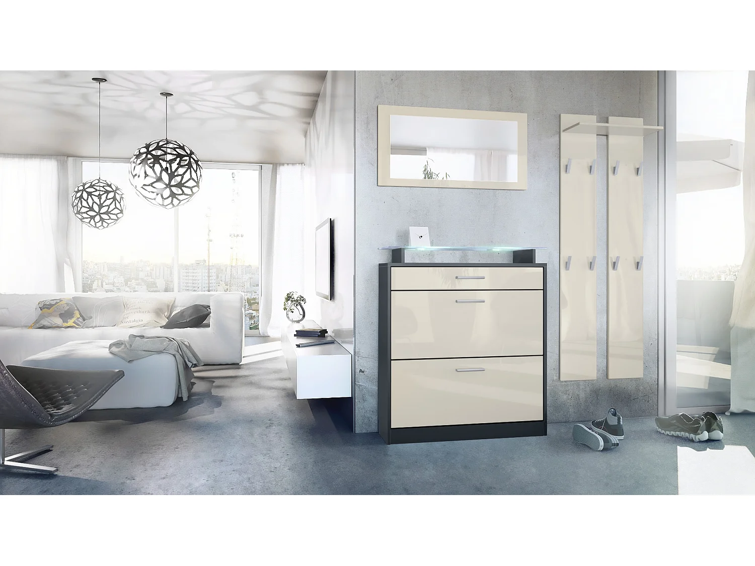 Loret Ensemble penderie, meuble à chaussures 89 x 104 x 23 cm avec miroir, 2 panneaux murales et éclairage LED Blanc, Anthracite mat & Crème haute brillance