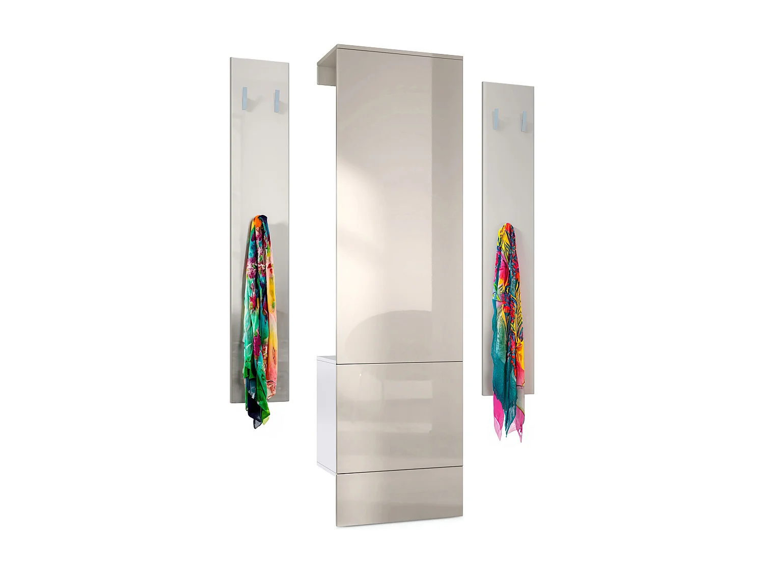 Ensemble d'entrée  Hollywood, comprenant 1 panneau de vestiaire mural, 1 tringle à vêtements et 1 ensemble de panneaux muraux, blanc mat/gris sable brillant