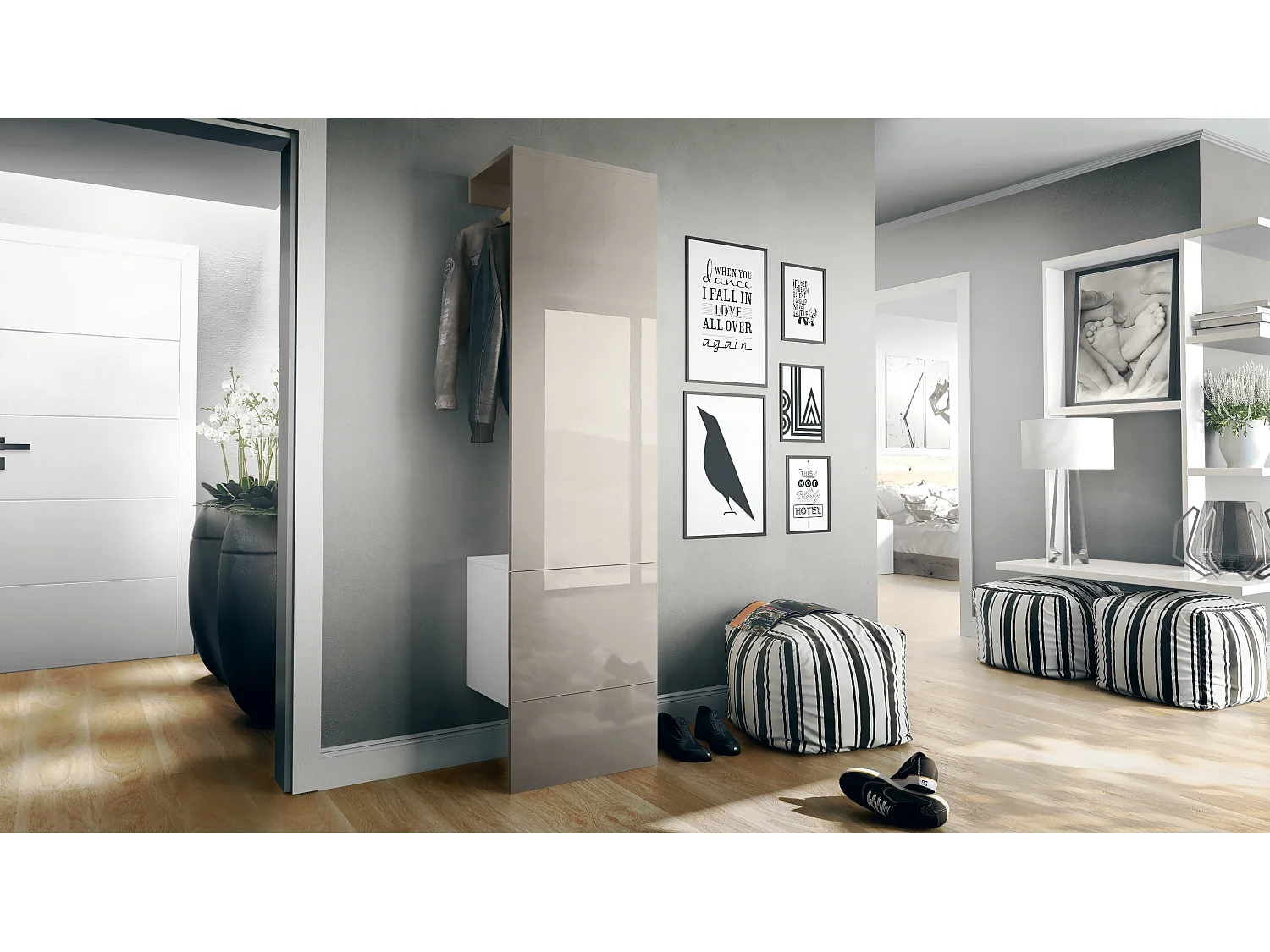 Ensemble d'entrée  Hollywood, comprenant 1 panneau de vestiaire mural, 1 tringle à vêtements et 1 ensemble de panneaux muraux, blanc mat/gris sable brillant