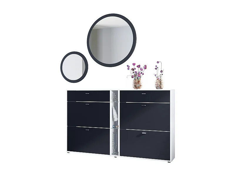 Ensemble de vestiaire Florence avec armoire à chaussures et 2 miroirs muraux, Fabriqué en ALLEMAGNE, blanc mat/noir mat