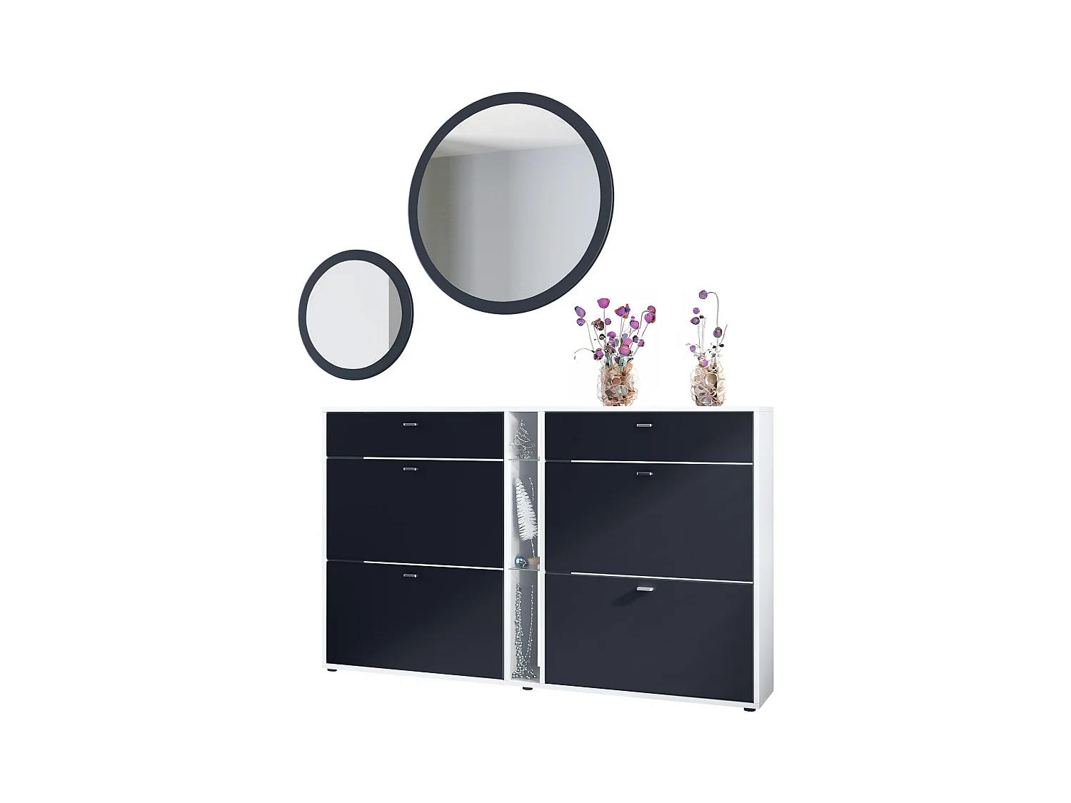 Ensemble de vestiaire Florence avec armoire à chaussures et 2 miroirs muraux, Fabriqué en ALLEMAGNE, blanc mat/noir mat