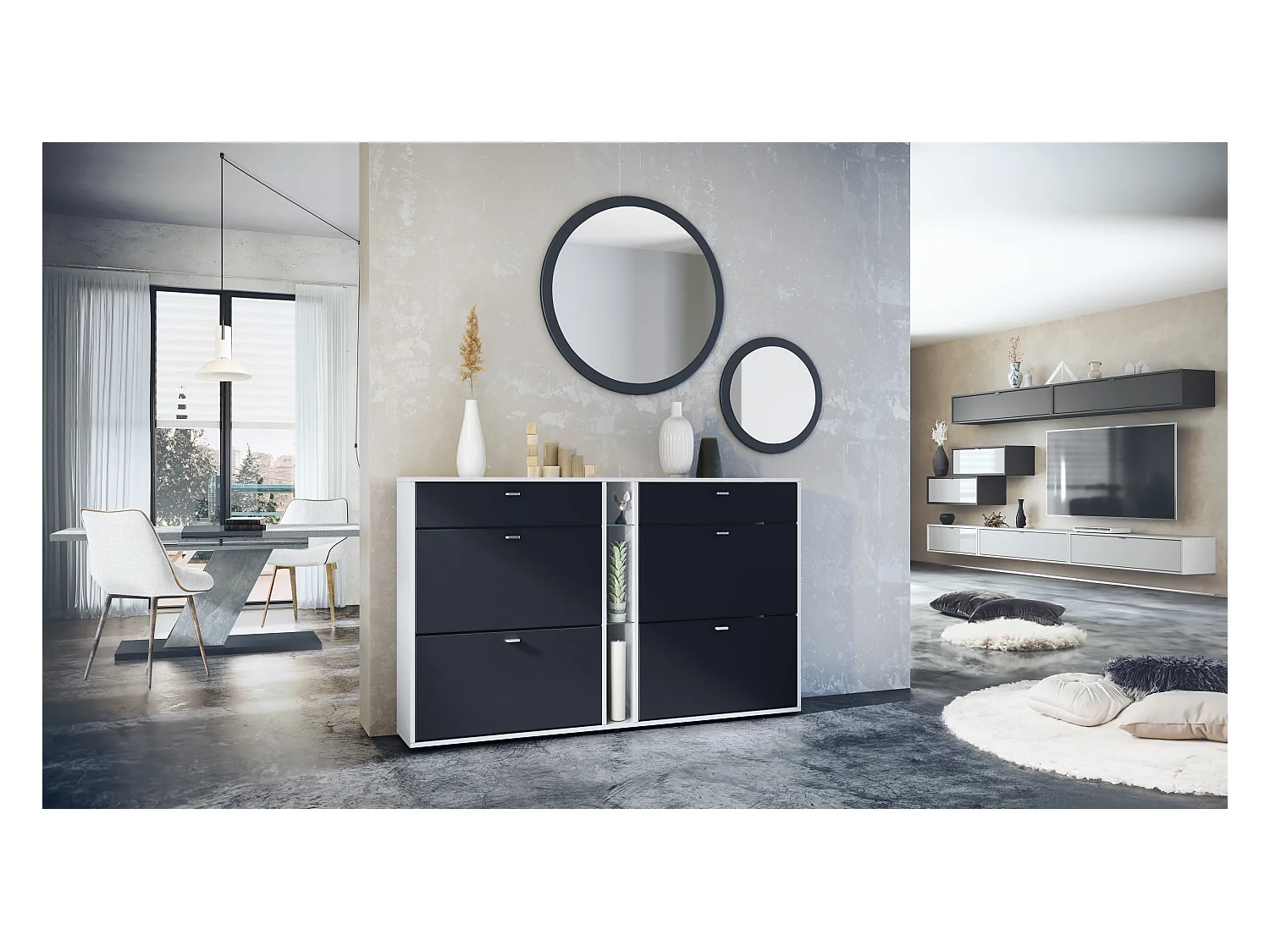 Ensemble de vestiaire Florence avec armoire à chaussures et 2 miroirs muraux, Fabriqué en ALLEMAGNE, blanc mat/noir mat