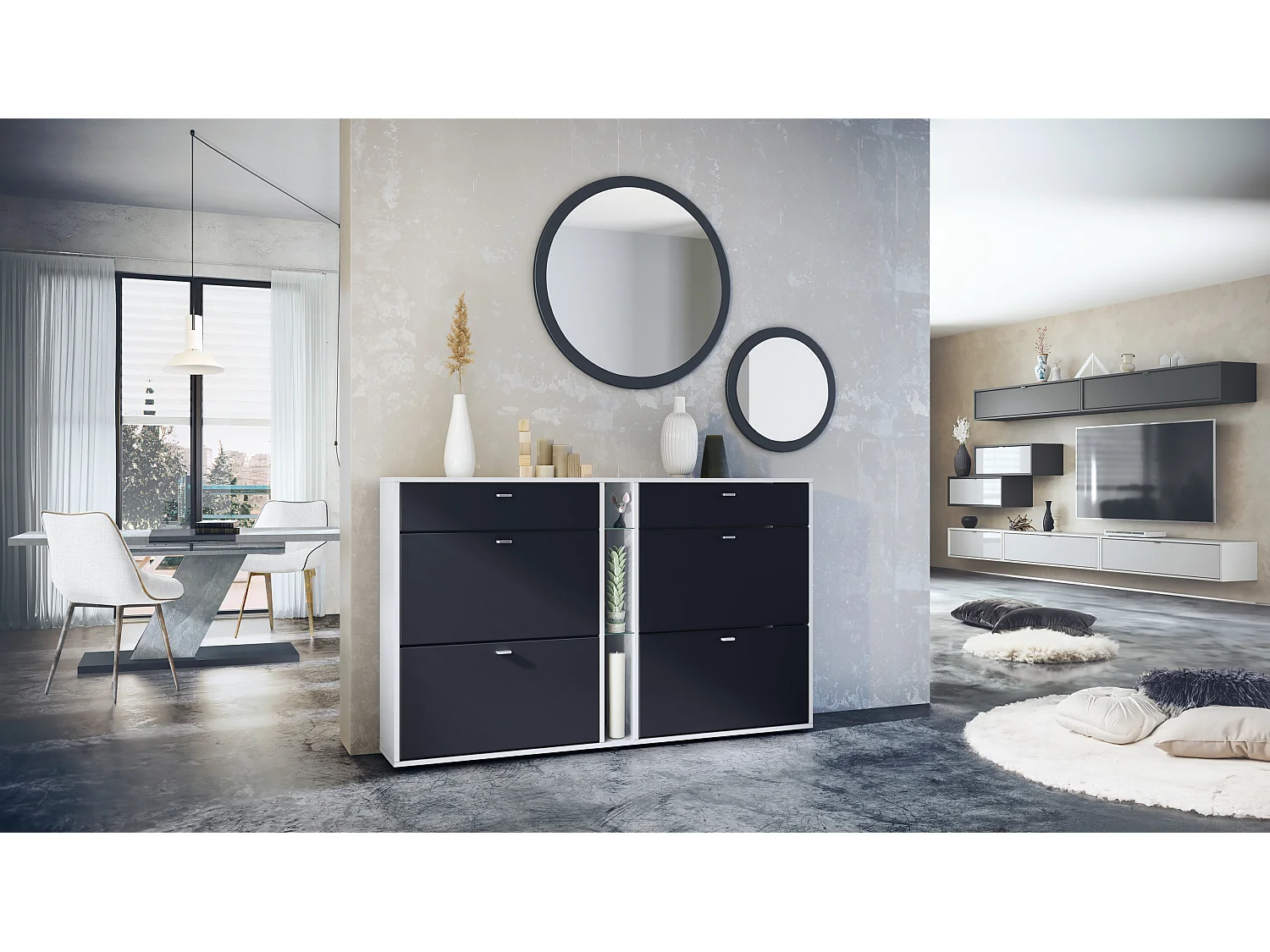 Ensemble de vestiaire Florence avec armoire à chaussures et 2 miroirs muraux, Fabriqué en ALLEMAGNE, blanc mat/noir mat