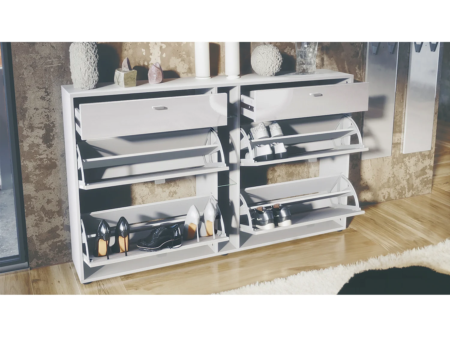 Ensemble de vestiaire Florence avec armoire à chaussures et 2 miroirs muraux, Fabriqué en ALLEMAGNE, blanc mat/noir mat