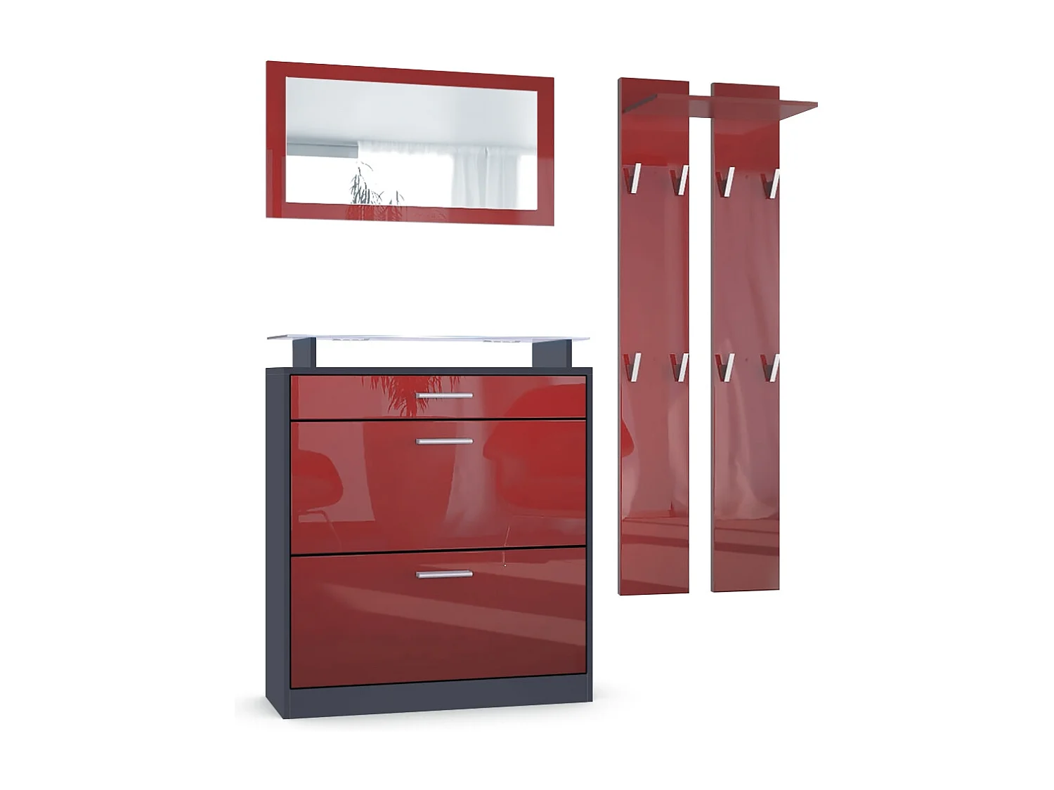 Loret Ensemble penderie, meuble à chaussures 89 x 104 x 23 cm avec miroir, 2 panneaux murales et éclairage LED Blanc, Anthracite mat & Bordeaux brillant