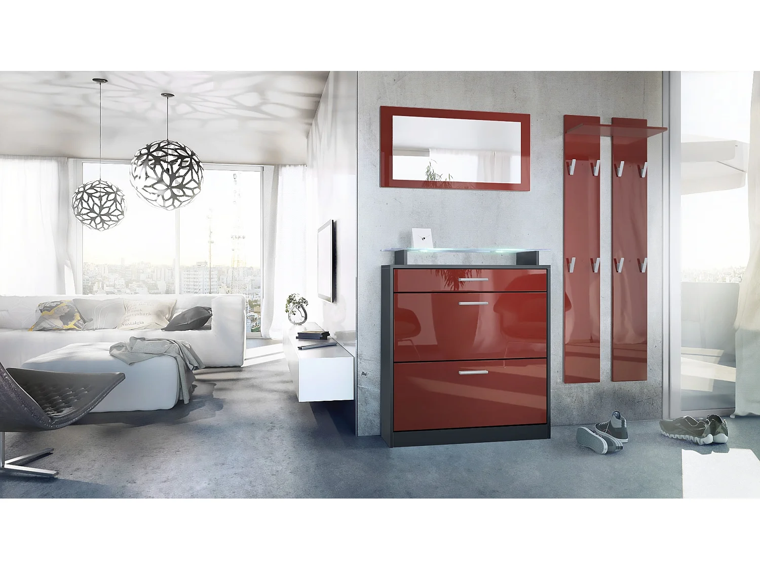 Loret Ensemble penderie, meuble à chaussures 89 x 104 x 23 cm avec miroir, 2 panneaux murales et éclairage LED Blanc, Anthracite mat & Bordeaux brillant