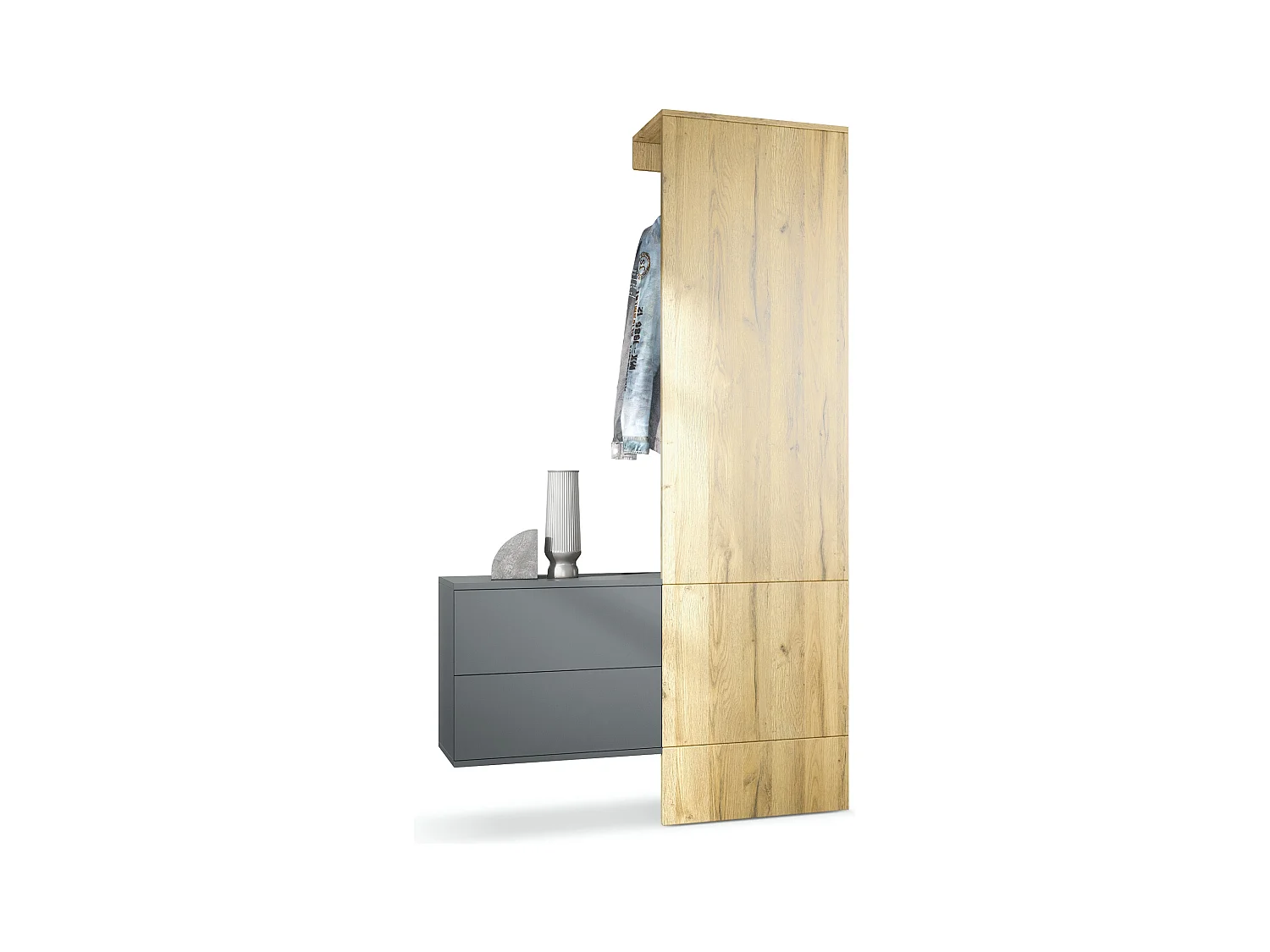 Penderie Carlton Set 2, Meuble d’entrée comprenant 1 panneau porte-manteau, 1 coffre à tiroir, anthracite mat/chêne nature (105 x 193 x 35 cm)