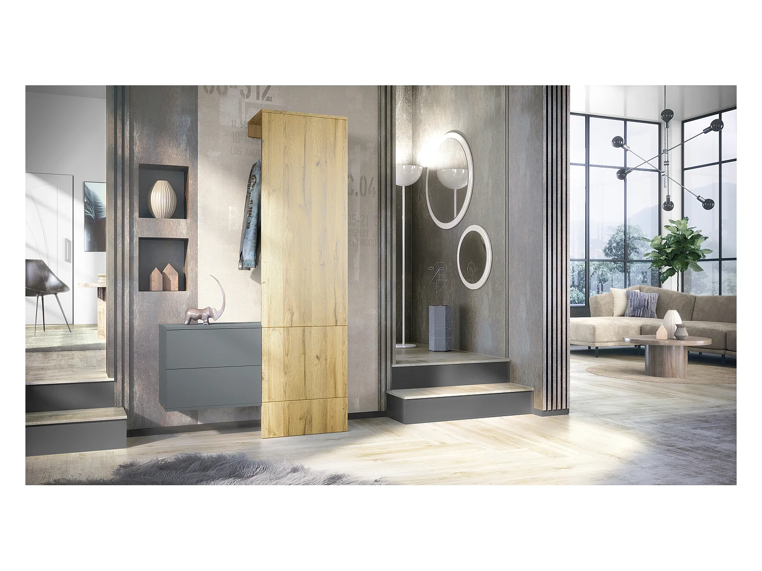 Penderie Carlton Set 2, Meuble d’entrée comprenant 1 panneau porte-manteau, 1 coffre à tiroir, anthracite mat/chêne nature (105 x 193 x 35 cm)