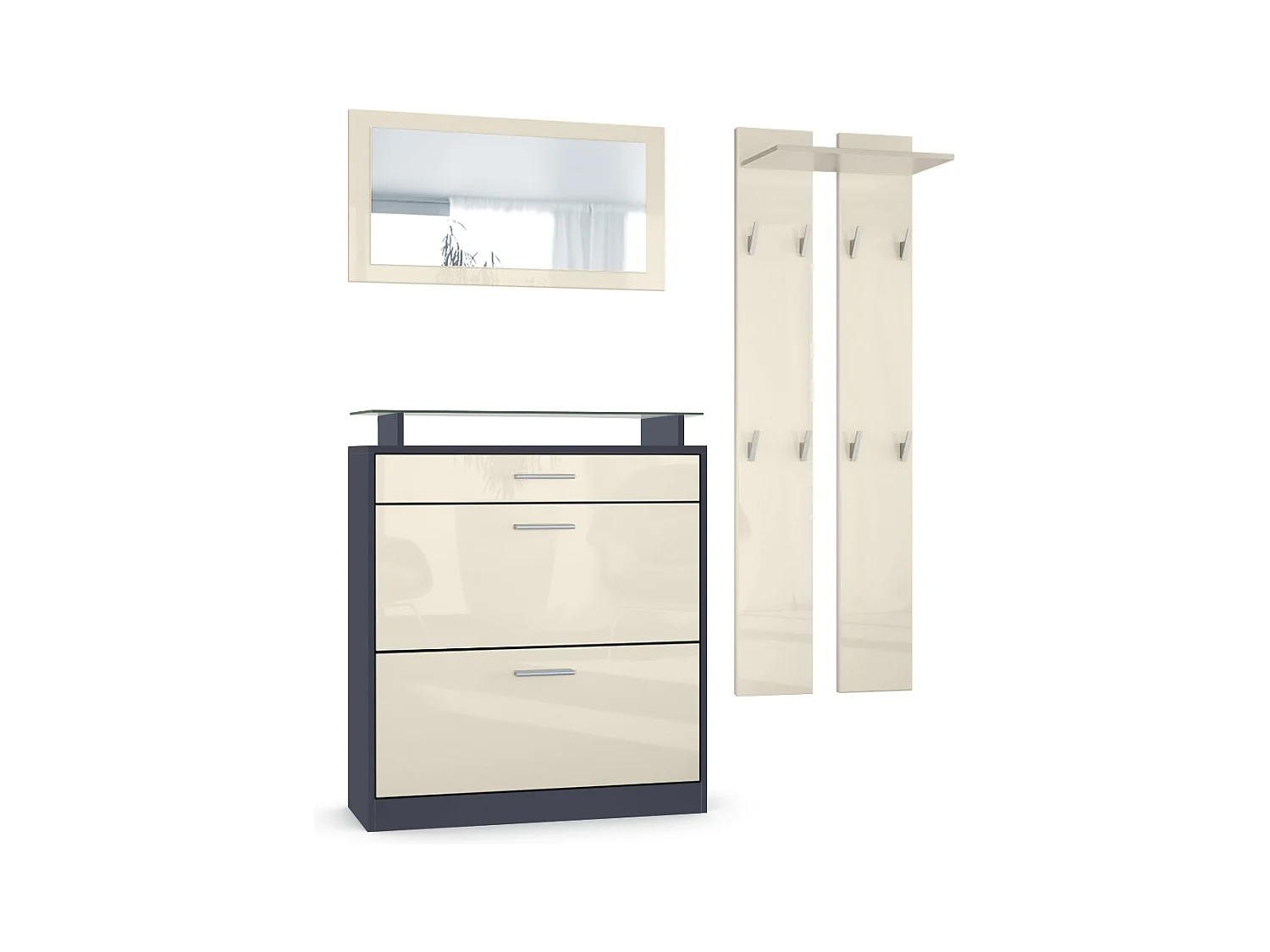 Loret Ensemble penderie, meuble à chaussures 89 x 104 x 23 cm avec miroir, 2 panneaux murales, Anthracite mat & Crème haute brillance