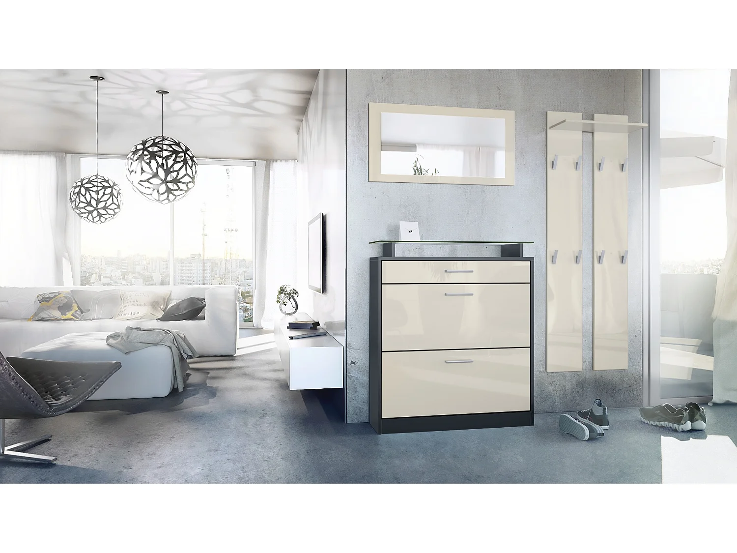 Loret Ensemble penderie, meuble à chaussures 89 x 104 x 23 cm avec miroir, 2 panneaux murales, Anthracite mat & Crème haute brillance