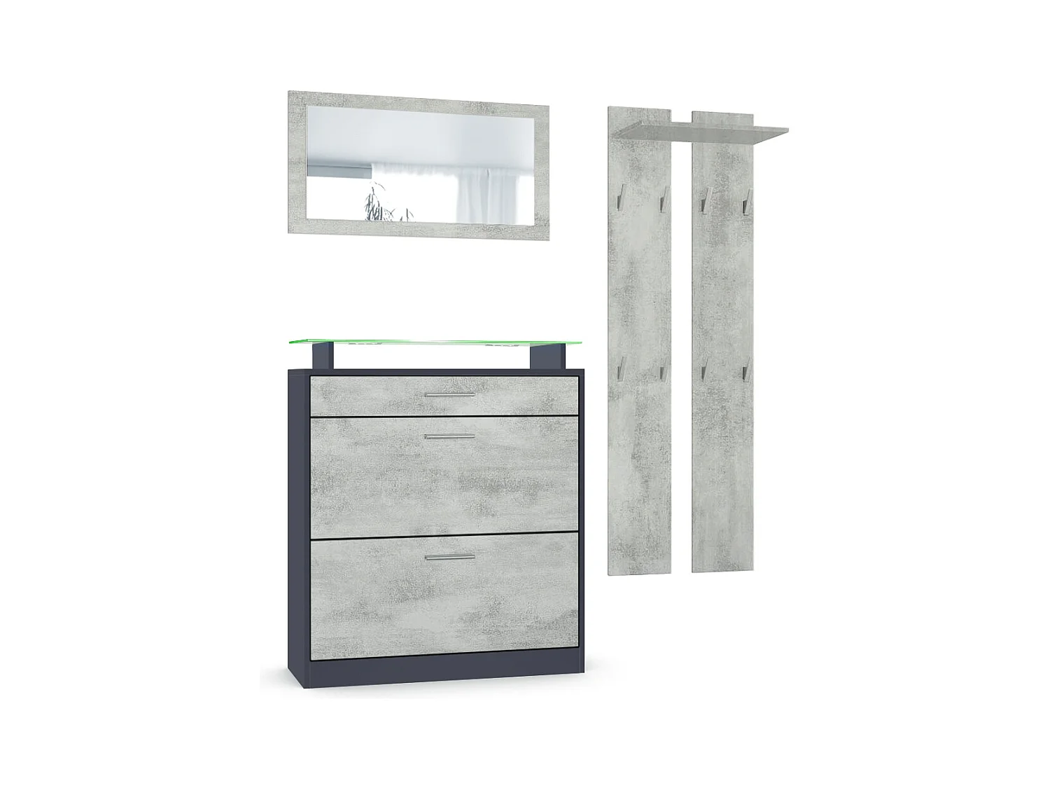 Loret Ensemble penderie, meuble à chaussures 89x104x23 cm avec miroir, 2 panneaux murales et éclairage LED, Anthracite mat & Aspect Béton Oxyde