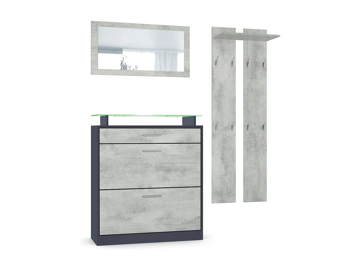 Loret Ensemble penderie, meuble à chaussures 89x104x23 cm avec miroir, 2 panneaux murales et éclairage LED, Anthracite mat & Aspect Béton Oxyde