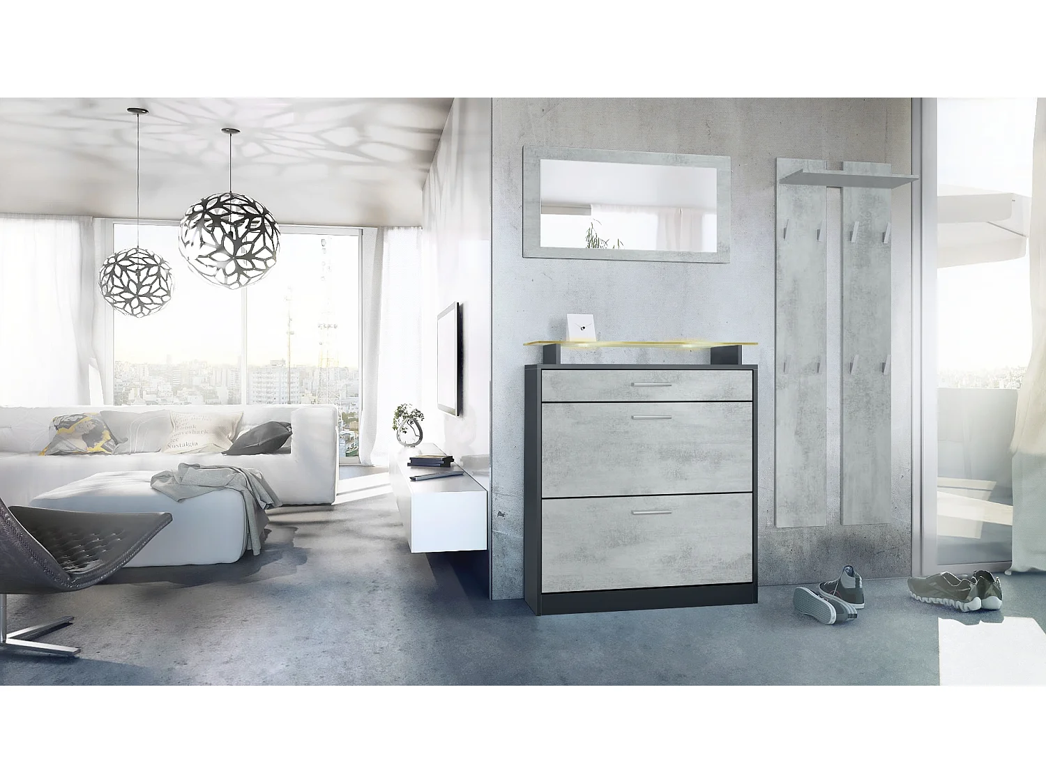 Loret Ensemble penderie, meuble à chaussures 89x104x23 cm avec miroir, 2 panneaux murales et éclairage LED, Anthracite mat & Aspect Béton Oxyde